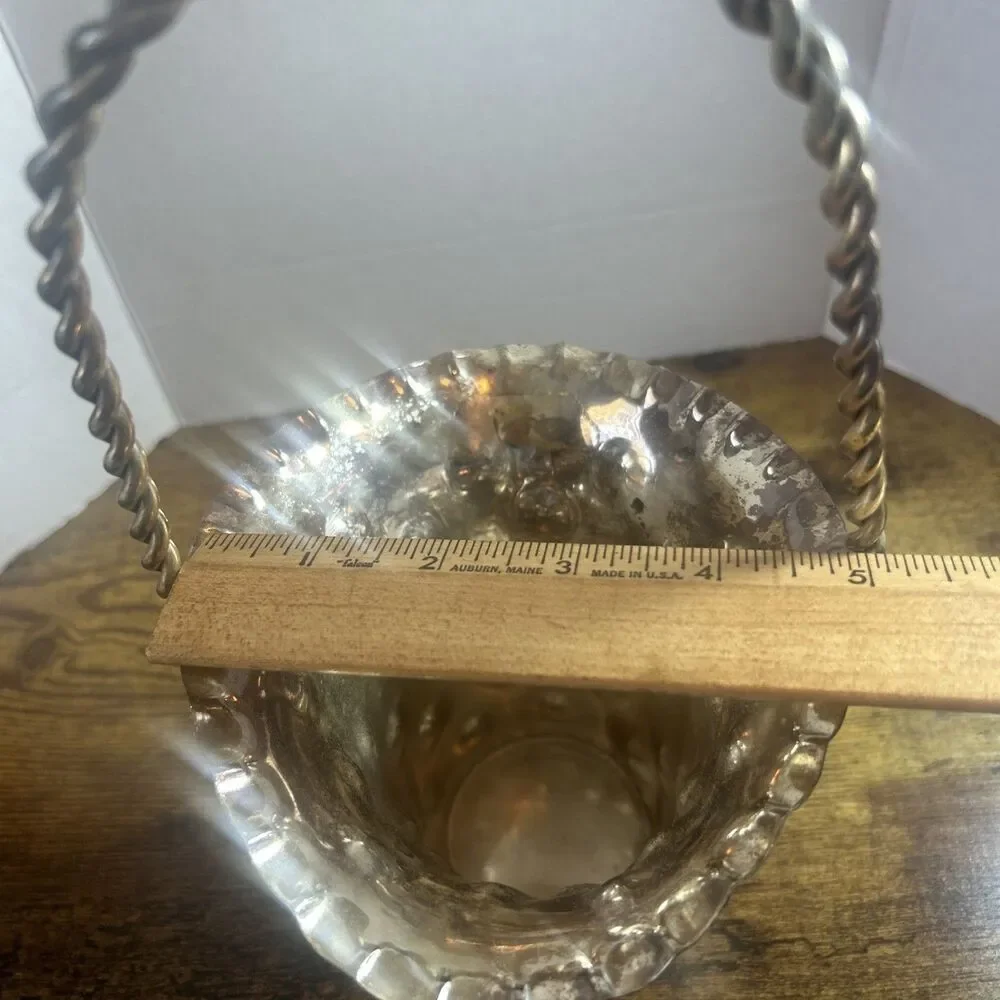 Vintage Silver Plated SNK India Dimpled Flower Basket Vase Twisted Handle 10 in